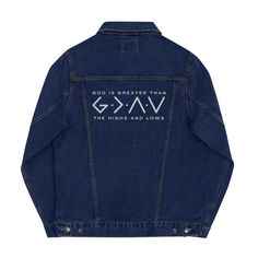 This God is Greater denim jacket is the perfect way to make a bold statement in faith & fashion. This iconic unisex denim jacket embroidered with God is Greater than the Highs and Lows on the back is sure to stand out in a crowd. Layer it with a t-shirt for a Christian streetwear style. With pockets on the chest and at the waist, this cool Christian jacket is a versatile, comfortable, and stylish way to wear your faith. Trendy Christian apparel for men and women is a simple and intentional way t Denim Blue Outerwear With Letter Print For Streetwear, Denim Blue Letter Print Outerwear For Streetwear, Denim Jacket With Letter Print For Streetwear, Streetwear Denim Blue Denim Jacket With Letter Print, Denim Blue Letter Print Denim Outerwear, Denim Blue Outerwear With Letter Print, Streetwear Medium Wash Outerwear With Letter Print, Medium Wash Letter Print Outerwear For Streetwear, Streetwear Medium Wash Letter Print Outerwear