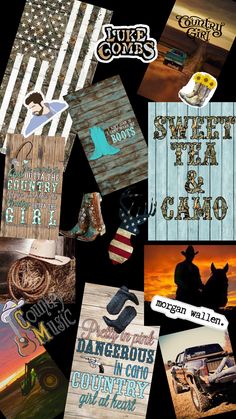 many different pictures are shown together in this collage with the words sweet tea and camo on them