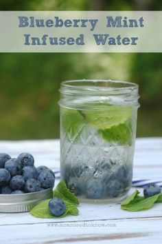 blueberry mint infused water in a mason jar next to fresh blueberries and mint leaves