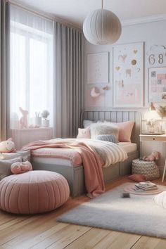 a child's bedroom decorated in pink and grey