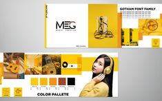 two brochures designed to look like women with headphones on their ears and yellow background