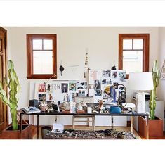 an office with cactus plants and pictures on the wall