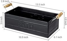 a black bath caddy with wooden handles and measurements for the top, bottom and bottom