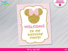 a pink and gold minnie mouse birthday party sign