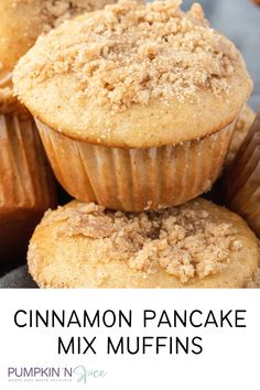 cinnamon pancake mix muffins stacked on top of each other with text overlay