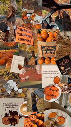 a collage of pumpkins, books and cards