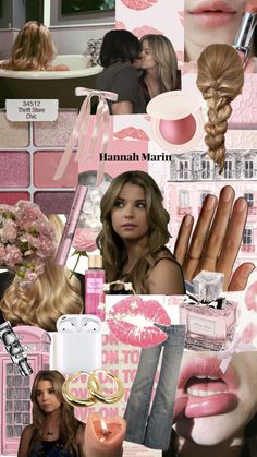 a collage of pink and white images with lipstick, hair, nail polish and makeup products