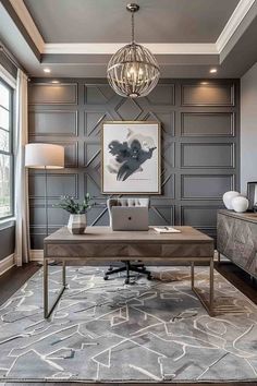 an elegant office with gray walls and carpet