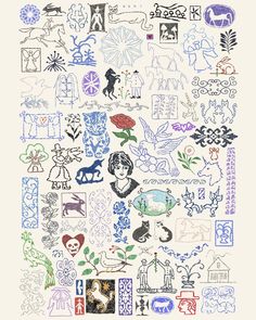 an image of many different designs on a white paper with blue and purple inks