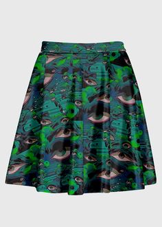 Surreal Eyes Pattern Weirdcore Skirt - In Control Clothing Green Stretch Mini Skirt With Lined Skirt, Green Stretch Pleated Mini Skirt, Green Pleated Stretch Mini Skirt, Green Stretch Midi Skirt, Fitted Full Green Mini Skirt, Weirdcore Fashion, Weirdcore Clothes, Surreal Eye, Weirdcore Outfits