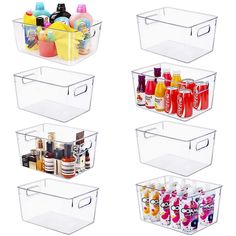 four clear storage bins with different types of bottles and containers in them on white background