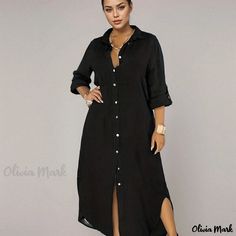 Olivia Mark - Stylish Plus Size Casual Dress for Women - Solid Button Up Lapel Collar Shirt Dress with Roll Up Sleeves Black Button-up Shirt Dress For Beach, Black Shirt Dress With Button Closure For Beach, Black Collared Shirt Dress For The Beach, Black Collared Shirt Dress For Beach, Fitted Black Shirt Dress For The Beach, Plus Size Casual Dress, Collar Shirt Dress, Button Shirt Dress, Collared Shirt Dress