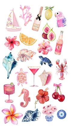 watercolor painting of different types of food and drinks on a white background with pink flowers