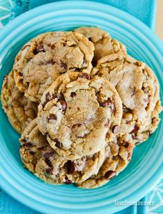 chocolate chip cookies on a blue plate