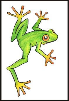 a drawing of a green frog with orange eyes and legs, on a white background