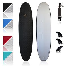 the surfboard is black, white, and red with different color options on it