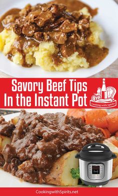 beef tips in the instant pot is shown with an instant pot next to it on a plate