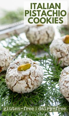 italian pistachio cookies on a platter with pine sprigs and text overlay