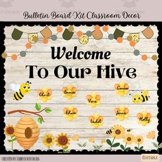 welcome to our five bees sign with sunflowers and beehive on it