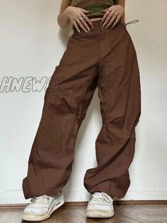 Hnewly Oversized Solid Joggers Tech Pants High Waist Streetwear Fashion Brown Baggy Trousers Y2K Baggy Brown Bottoms For Streetwear, Baggy Y2k Parachute Pants For Fall, Y2k Baggy Parachute Pants For Fall, Y2k Style Baggy Parachute Pants For Fall, Baggy Brown Cargo Pants For Summer, Brown Baggy Parachute Pants For Fall, Brown Parachute Pants For Spring Streetwear, Baggy Brown Solid Color Pants, Baggy Brown Pants Solid Color