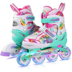 children's roller skates with colorful wheels and bunny ears on the front wheel