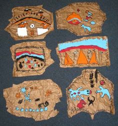 several pieces of cloth with designs on them