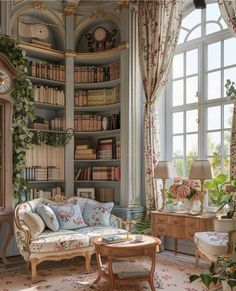 a living room filled with furniture and bookshelves next to a window covered in curtains