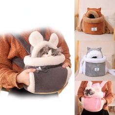 a person holding a cat in a bag with stuffed animals on the back and inside