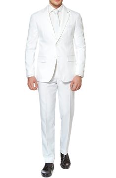 Give your reputation a clean slate with a crisp white suit consisting of a trim-fit jacket, trousers and classic necktie. Warning: evidence of the night's revelries may linger longer than you'd like to remember—gentlemanly behavior is advised. Jacket has a two-button closure; notch lapels; nonfunctional four-button cuffs; chest pocket; front flap pockets; side vents. Trousers have a zip fly with button-tab closure; front slant pockets; back welt pockets. Fully lined. 100% polyester. Dry clean or Mens Prom Outfit, Mens White Suit, The White Knight, Red Bridesmaid, White Knight, White Suit, Clean Slate, Prom Outfits, Suit Fabric