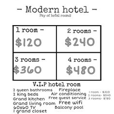 the modern hotel room cost sheet is shown in black and white, with prices for each room