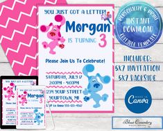 a pink and blue birthday party with the name morgan is turning 3 on it's card