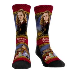 a pair of harry potter socks with hermione gremer on them and the image of hermione gremer