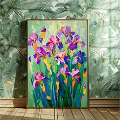 an abstract painting of purple flowers on a green background