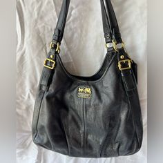 Gently Used But In Great Shape. The Leather Is Super Soft And Feels Very Luxurious. The Purple Interior Adds A Posh Vibe. Elegant Black Shoulder Bag With Leather Backing, Black Coach Bag With Leather Lining, Purse Purple, Purple Interior, Leather Coach, Interior Color, Coach Purse, The Purple, Coach Purses