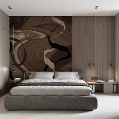 a large bed sitting in a bedroom next to a painting on the side of a wall