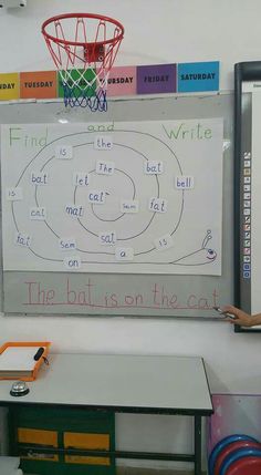 a whiteboard with writing on it in front of a desk