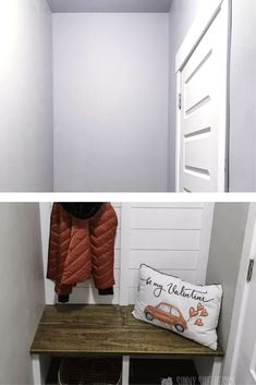 two pictures of the inside of a closet with white walls and wood flooring, one is