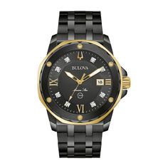 This distinguished men's' watch from the Marine Star collection by Bulova showcases a black dial with diamond and gold-tone accents and hour markers set in a 44mm black stainless steel case. The dial includes a date window and is topped by a mineral crystal. The black stainless steel bracelet secures with a deployment buckle. The men's watch features a quartz movement and is water-resistant to 100 meters. Bulova Watches, Star Watch, Diamond Watches For Men, Top Rings, The Marine, Two Tone Watch, Diamond Watch, Black Stainless Steel, Stainless Steel Watch