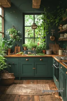 Interior Pallete, Forest Home Aesthetic, Forest Green Interior Design, Green Kitchen Designs, Dark Green Kitchen, Kitchen On A Budget