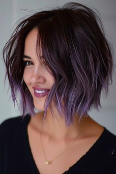 #Hair_Color_Ideas_Dirty_Blonde #Hair_Color_Ideas_Easy_To_Maintain #Hair_Color_Ideas_Extensions #Hair_Color_Ideas_Emo #Hair_Color_Ideas_Ends #Hair_Color_Ideas_Exotic #Hair_Color_Ideas_Blue_Eyes #Hair_Color_Ideas_Green_Eyes #Hair_Color_Ideas_Hazel_Eyes #Hair_Color_Ideas_F Colourful Bob Hair, Bob Hair Colour Ideas, Short Brown And Purple Hair, Black To Purple Ombre Hair Short, Black Hair With Money Piece Color, Colorful Bob Hair, Short Hair Purple Highlights, Purple Hair Brunette, Bob Hair Dye