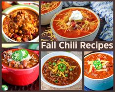 four different pictures of chili soups with the words fall chili recipes