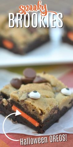 halloween brownies with googly eyes and candy on top are shown in this image