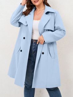 celeste Casual Collar Manica lunga Tessuto Colore unico Classico Embellished Non-Elastico Autunno/Inverno White Long Jacket, Modest Spring Outfits, Coat Outfit Casual, Plus Size Trench Coat