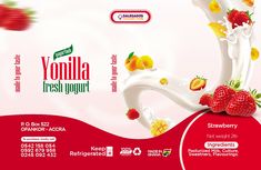 an advertisement for yogurt with strawberries and oranges