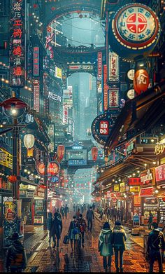 a painting of people walking down a city street at night with neon signs on the buildings