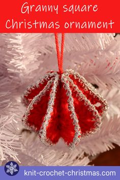 a crochet christmas ornament hanging from a white tree with text overlay