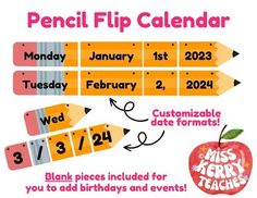 a poster with pencils and an apple on it that says pencil flip calendar for teachers