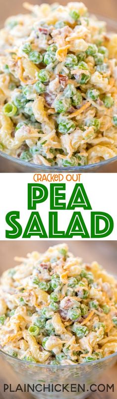 two pictures of peas salad with text that reads cracker out pea salad on it