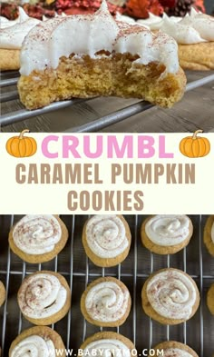 an image of crumbl caramel pumpkin cookies on a cooling rack with the title overlay