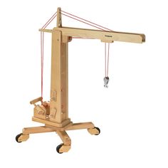 a wooden toy crane on wheels with two strings hanging from it's back end